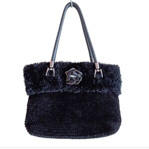Handbag Purse Black Woven Fabric Faux Fur Trim Snap Closure Floral Detail
